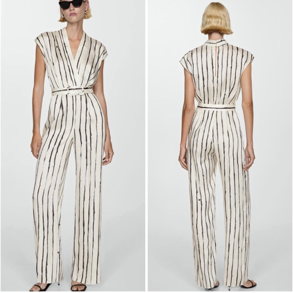 Mango Striped V-Neck Wide-Leg Jumpsuit - Cream/Black / Blue belted Satin